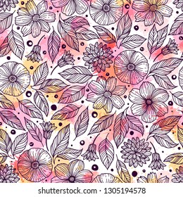 Seamless pattern with decorative flowers. Freehand drawing