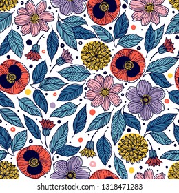 Seamless pattern with decorative flowers. Freehand drawing
