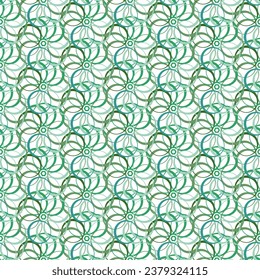 Seamless pattern - decorative flowers from geometric shapes in green tones on a transparent background.
