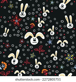 Seamless pattern with decorative flowers and hares. Vector file for designs.