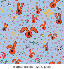 Seamless pattern with decorative flowers and hares.  Vector file for designs.