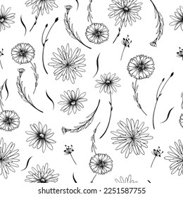 Seamless pattern with decorative flowers and herbs. Black and white hand drawn vector illustration.