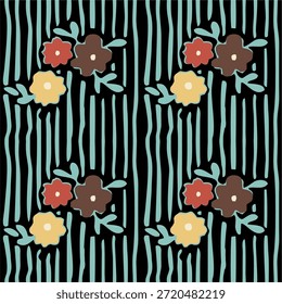 seamless pattern with decorative flowers. Seamless pattern with ink doodle abstract flowers and leaves on vertical stripes. Trendy aesthetic blue and brown background. Hand drawn vector illustration. Boho, beach, jungle wallpaper. eps10