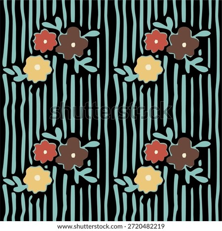 seamless pattern with decorative flowers. Seamless pattern with ink doodle abstract flowers and leaves on vertical stripes. Trendy aesthetic blue and brown background. Hand drawn vector illustration. Boho, beach, jungle wallpaper. eps10
