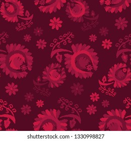 Seamless pattern with decorative flowers with leaves. Folk motif. Summer day. Can be used for wallpaper, textile, invitation card, wrapping, web page background.