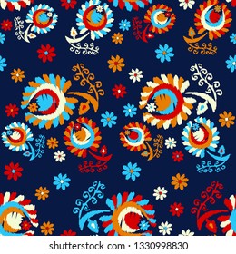 Seamless pattern with decorative flowers with leaves. Folk motif. Summer day. Can be used for wallpaper, textile, invitation card, wrapping, web page background.