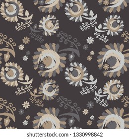 Seamless pattern with decorative flowers with leaves. Folk motif. Summer day. Can be used for wallpaper, textile, invitation card, wrapping, web page background.