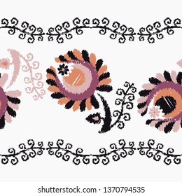 Seamless pattern with decorative flowers with leaves. Folk motif. Summer day. Can be used for wallpaper, textile, invitation card, wrapping, web page background.