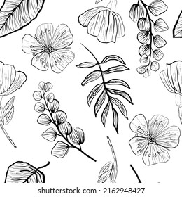 Seamless pattern of decorative flowers and leaves. Vector stock illustration eps10.