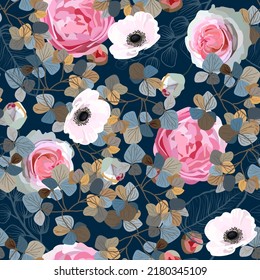 Patrón sin foco de flores y hojas decorativas. Ilustración de material vectorial eps10.