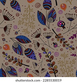Patrón sin foco con flores y hojas decorativas. Archivo vector para diseños.
