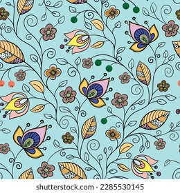 Seamless pattern with decorative flowers and leaves. Vector file for designs.