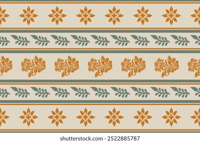 Seamless pattern with decorative flowers and leaves. Vintage background.Ikat geometric folklore ornament with diamonds. Tribal ethnic vector texture. Seamless striped pattern in Aztec style.