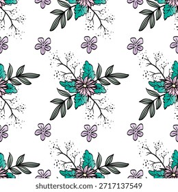 Patrón sin fisuras con flores y hojas decorativas. El fondo blanco. Ilustración vectorial.