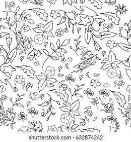 Seamless pattern of decorative flowers and leaves on a white background. Linear graphic. 
