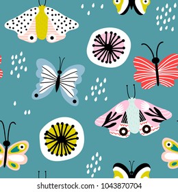 Seamless pattern with decorative flowers and moths in scandinavian style. Great for fabric, textile. Vector background