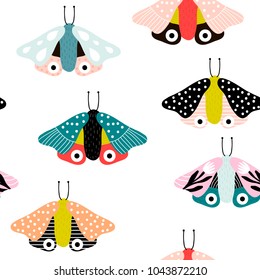 Seamless pattern with decorative flowers and moths in scandinavian style. Great for fabric, textile. Vector background
