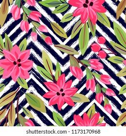 Seamless pattern with decorative flowers on texture background