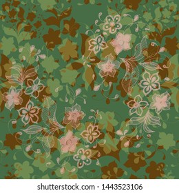Seamless pattern decorative flowers on green background. Floral seamless pattern.