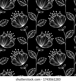 Seamless pattern with decorative flowers on a black background. Contour hand drawing. Vector image. Print for textiles, wrapping paper.