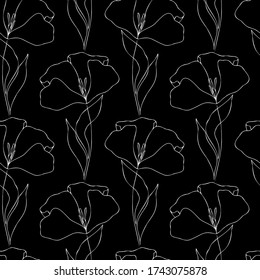 Nahtloses Muster mit dekorativen Blumen auf schwarzem Hintergrund. Manuelle Zeichnung mit einem Liner. Vector-Bild. Design für Textilien, Packpapier, Tapete.