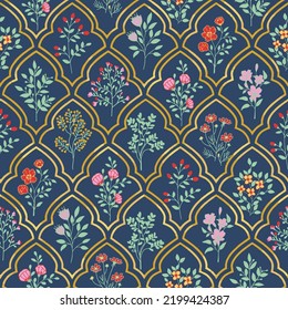 Seamless pattern with decorative flowers on dark blue background,Botanical floral ethnic motif and mughal art flower bunch