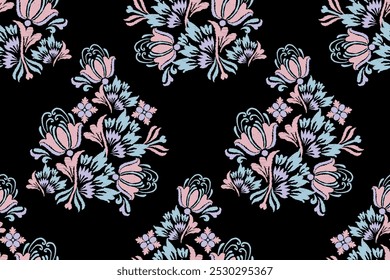 Nahtloses Muster mit dekorativen Blumen auf schwarzem Hintergrund.Ethnische orientalische Tradition.Motive Ikat Stickerei Tapete.Textile Rapport. Abstraktes Design für Textur, Stoff, Kleidung, Verpackung