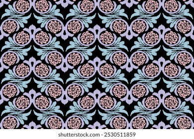 Seamless pattern with decorative flowers on a black background.Ethnic oriental traditional.Motifs Ikat embroidery wallpaper.Textile rapport. Abstract design for texture, fabric, clothing, wrapping