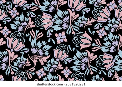 Patrón sin fisuras con flores decorativas sobre un fondo negro. Étnico oriental tradicional. Motivos Fondo de pantalla de bordado Ikat. Diseño Abstractas para la textura, tela, ropa, envoltura