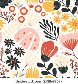 seamless pattern of decorative flowers on color background. Vector illustration.