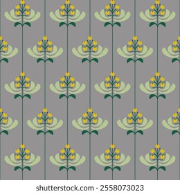 Seamless pattern with decorative flowers on grey background. Vector illustration.