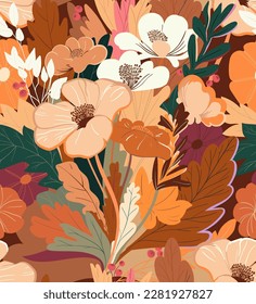 Seamless pattern of decorative flowers in orange colors. 