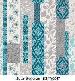 Seamless pattern with decorative flowers, patchwork tiles. Can be used on packaging paper, fabric, background for different images, etc. Freehand drawing