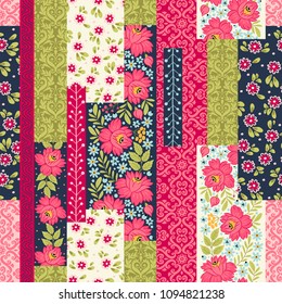 Seamless pattern with decorative flowers, patchwork tiles. Can be used on packaging paper, fabric, background for different images, etc. Freehand drawing