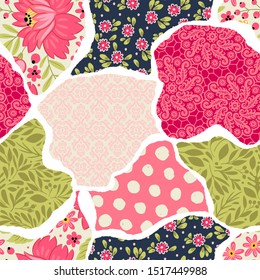 Seamless pattern with decorative flowers, patchwork tiles. Can be used on packaging paper, fabric, background for different images, etc.