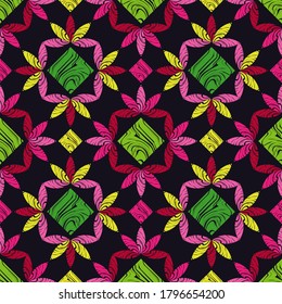 Seamless pattern with decorative flowers. Pink flowers on a black background. Design with manual hatching. Ethnic boho ornament. Textile. Vector illustration for web design or print.