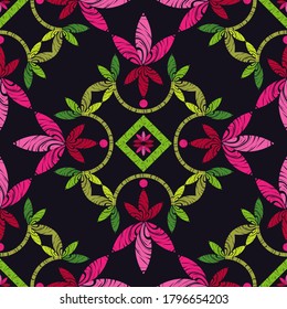 Seamless pattern with decorative flowers. Pink flowers on a black background. Design with manual hatching. Ethnic boho ornament. Textile. Vector illustration for web design or print.