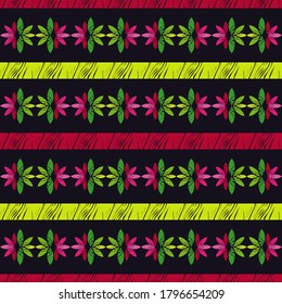 Seamless pattern with decorative flowers. Pink flowers on a black background. Design with manual hatching. Ethnic boho ornament. Textile. Vector illustration for web design or print.