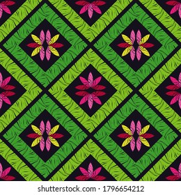 Seamless pattern with decorative flowers. Pink flowers on a black background. Design with manual hatching. Ethnic boho ornament. Textile. Vector illustration for web design or print.