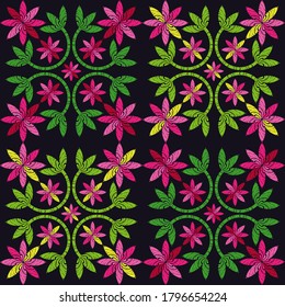 Seamless pattern with decorative flowers. Pink flowers on a black background. Design with manual hatching. Ethnic boho ornament. Textile. Vector illustration for web design or print.