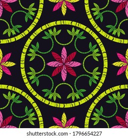 Seamless pattern with decorative flowers. Pink flowers on a black background. Design with manual hatching. Ethnic boho ornament. Textile. Vector illustration for web design or print.