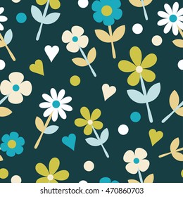 Seamless pattern with decorative flowers and polka dots. Print. Cloth design, wallpaper.