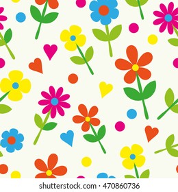 Seamless pattern with decorative flowers and polka dots. Print. Cloth design, wallpaper.