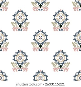 Seamless pattern with decorative flowers in retro style. Vector illustration. Victorian ornament style. Ideas for wallpaper, tiles, and textiles. Portuguese tiles. Spanish pottery.