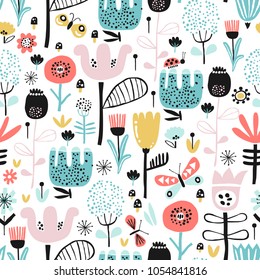 Seamless pattern with decorative flowers in scandinavian style. Perfect for kids fabric, textile, nursery wallpaper. Vector Illustration.