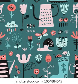 Nahtloses Muster mit dekorativen Blumen im skandinavischen Stil. Ideal für Kindergewebe, Textilien, Tapeten für Kindermädchen. Vektorgrafik.