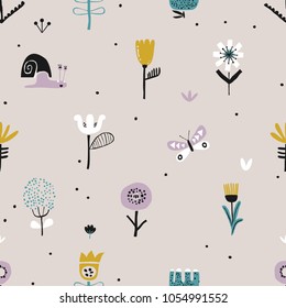 Patrón sin foco con flores decorativas de estilo escandinavo. Perfecto para tela infantil, textil, tapicería de vivero. Ilustración vectorial.