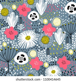 Seamless pattern with decorative flowers in scandinavian style. Perfect for kids fabric, textile, nursery wallpaper. Vector Illustration.