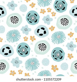 Seamless pattern with decorative flowers in scandinavian style. Perfect for kids fabric, textile, nursery wallpaper. Vector Illustration. Pastel colors