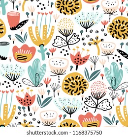 Seamless pattern with decorative flowers in scandinavian style. Perfect for kids fabric, textile, nursery wallpaper. Vector Illustration.